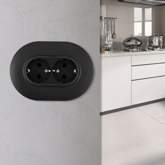 Круглая розетка двойная с/з и шторками Arte Milano SET08-double-40-2 black