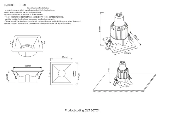 Схема размеров встраиваемый светильник Crystal Lux CLT 007 CLT 007C1 WH
