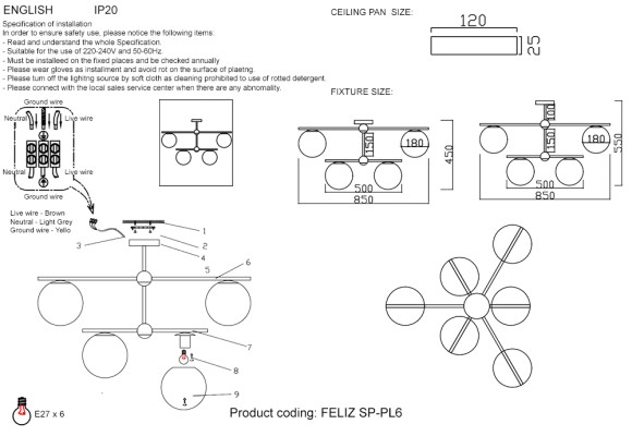 Потолочная люстра Crystal Lux FELIZ SP-PL6 BRONZE/WHITE