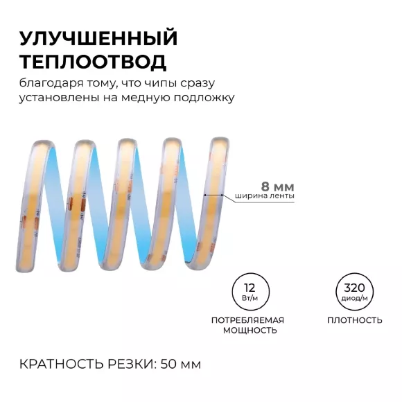 Светодиодная лента Apeyron 24В COB 12Вт/м 3000К 5м IP65 00-390 Светодиодная лента Apeyron 24В COB 12Вт/м 3000К 5м IP65 00-390