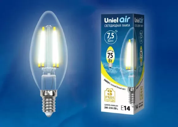 Лампа светодиодная филаментная (UL-00003250) Uniel E14 7,5W 3000K прозрачная LED-G45-7,5W/WW/E14/CL GLA01TR, Теплый белый, Китай