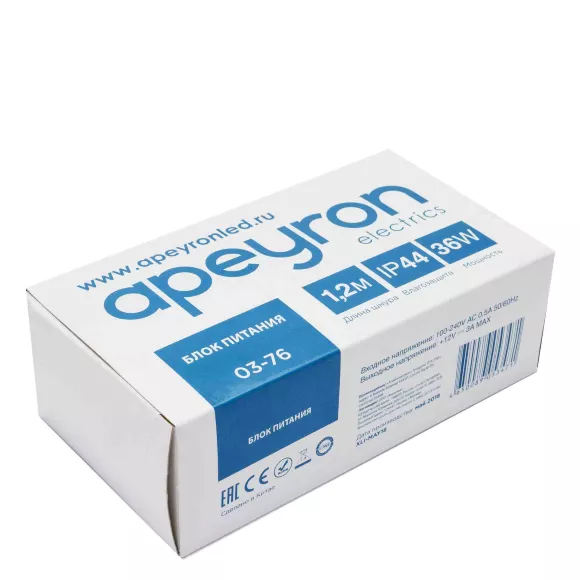 Блок питания Apeyron 12В 36Вт 3А IP44 с переключателем 03-76, Россия, упаковка Блок питания Apeyron 12В 36Вт 3А IP44 с переключателем 03-76, Россия, упаковка
