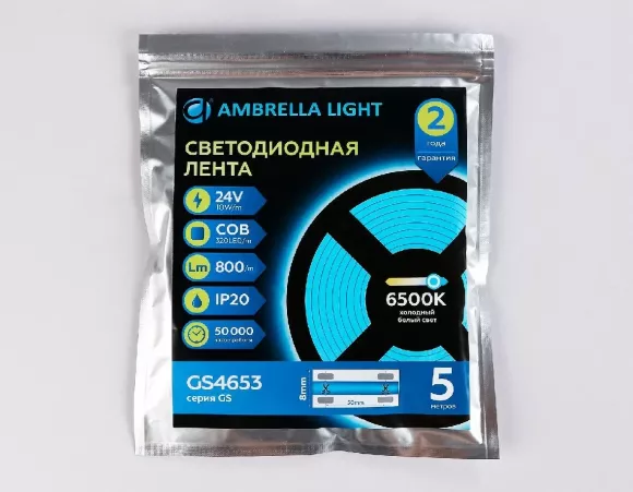 Светодиодная лента Ambrella Light Illumination 24В COB 10Вт/м 6500K 5м IP20 GS4653 Светодиодная лента Ambrella Light Illumination 24В COB 10Вт/м 6500K 5м IP20 GS4653