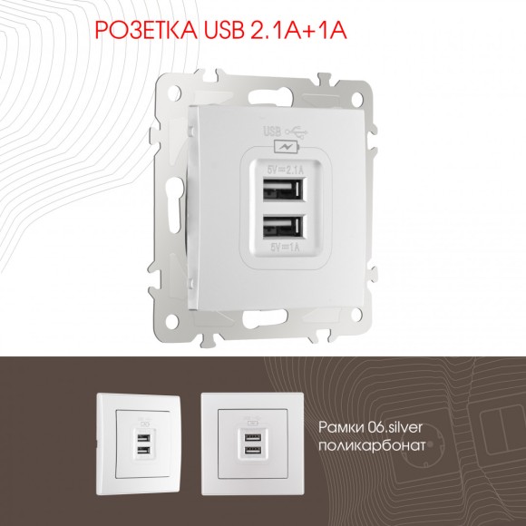 Розетка USB 2.1А+1А Arte Milano 206.46-1.silver