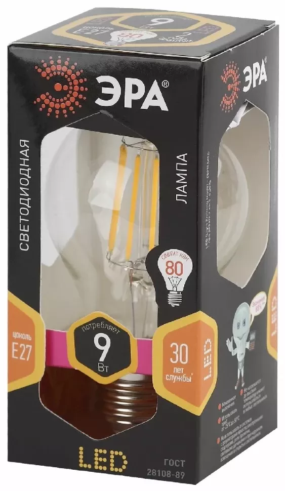 Лампа светодиодная Эра E27 9W 2700K F-LED A60-9W-827-E27 Б0043433, Теплый белый