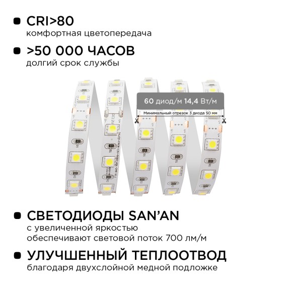 Комплект светодиодной ленты Apeyron 12В 14.4Вт/м smd 5050 60 д/м IP20 2,5м 6500K (блок, коннектор) 10-12