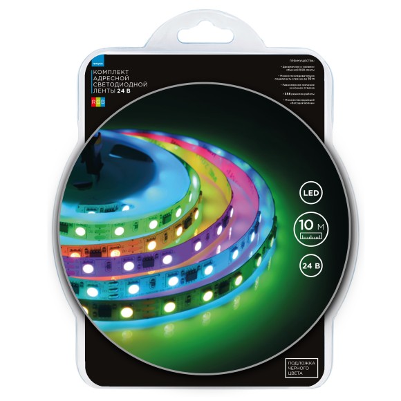 Комплект адресной светодиодной ленты Apeyron 24В 14,4Вт/м smd5050 60д/м IP20 10м RGB (адаптер питания, контроллер) 10-101