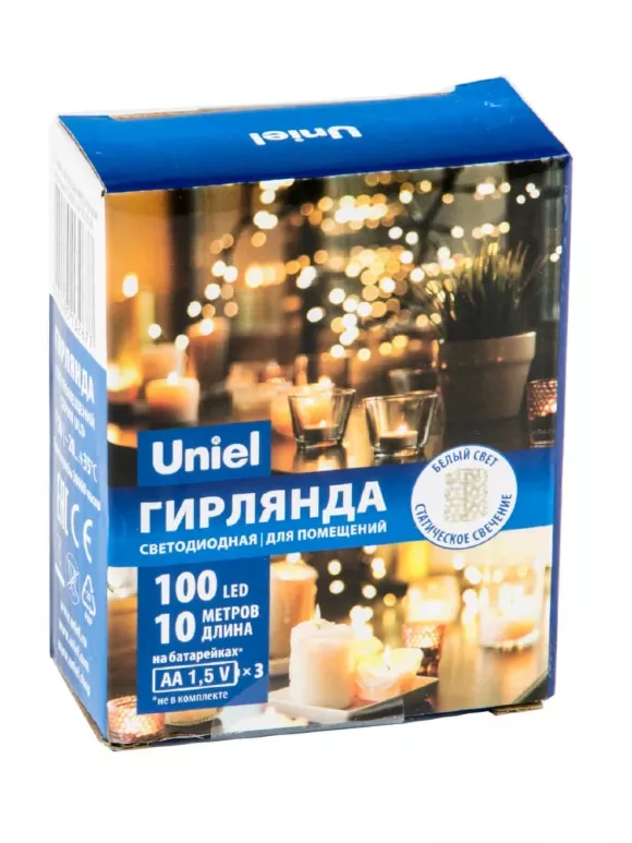Светодиодная гирлянда Uniel Роса (UL-00007186) белый ULD-S1000-100/SCB/3AA White IP20 Dew, Медь, Пластик, Современный стиль, упаковка