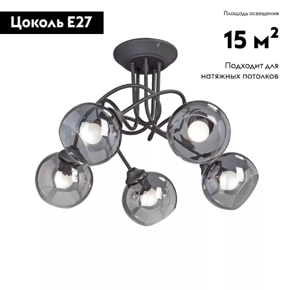 Потолочная люстра Vitaluce V4309-1/5PL, Черный, Дымчатый, Металл Потолочная люстра Vitaluce V4309-1/5PL, Черный, Дымчатый, Металл