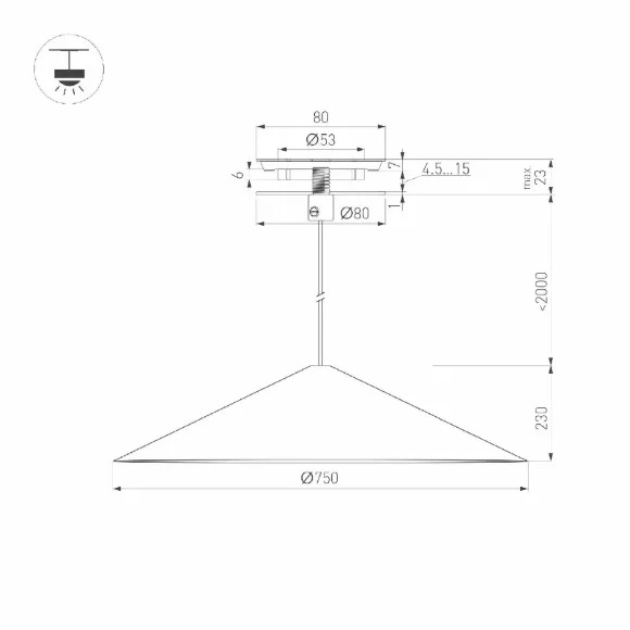 Схема размеров подвесной светильник Arlight SP-MAKOTO-R750-14W Warm3000 054162 Схема размеров подвесной светильник Arlight SP-MAKOTO-R750-14W Warm3000 054162