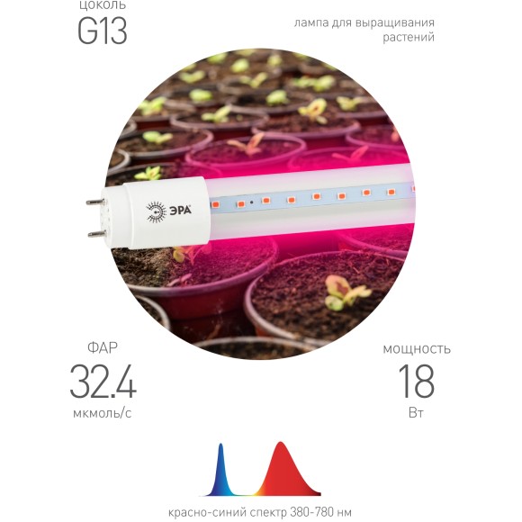 Фитолампа для растений Эра FITO-18W-RB-Т8-G13-NL Б0042990