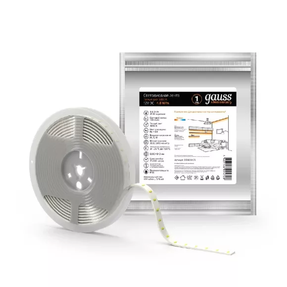 Светодиодная лента Gauss 4,8W/m 60LED/m 2835SMD теплый белый 5M 355000105 Светодиодная лента Gauss 4,8W/m 60LED/m 2835SMD теплый белый 5M 355000105