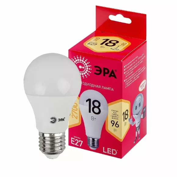 Лампа светодиодная Эра E27 18W 2700K LED A65-18W-827-E27 R Б0051850 Лампа светодиодная Эра E27 18W 2700K LED A65-18W-827-E27 R Б0051850
