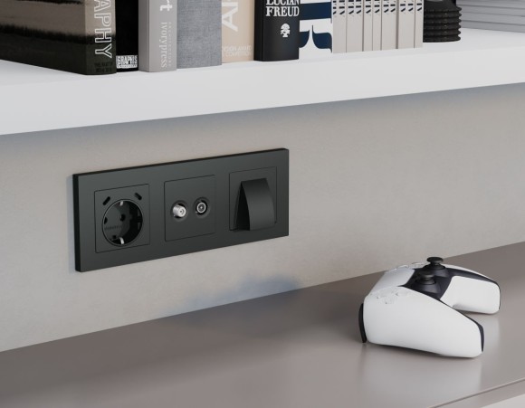 Лицевая панель Alfa (Графит мягкое касание) для электрической розетки с/з со шторками 2USB C+C Quant Ambrella Volt AP9105