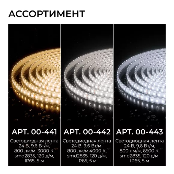 Светодиодная лента Apeyron 24В, 9,6 Вт/м, 800 лм/м, 4000К, smd2835, 120 д/м, IP65, 5м 00-442 Светодиодная лента Apeyron 24В, 9,6 Вт/м, 800 лм/м, 4000К, smd2835, 120 д/м, IP65, 5м 00-442
