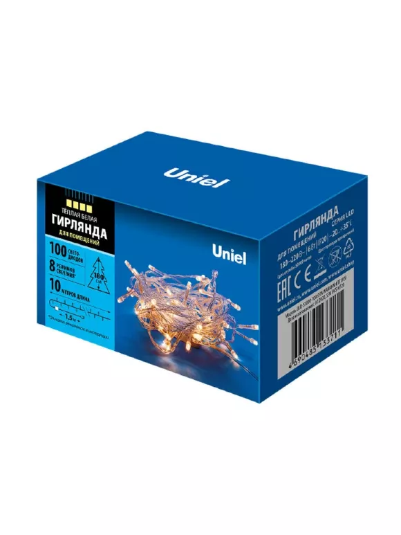 Светодиодная гирлянда Uniel (UL-00007200) теплый белый ULD-S1000-100/DTA Warm White IP20 Светодиодная гирлянда Uniel (UL-00007200) теплый белый ULD-S1000-100/DTA Warm White IP20