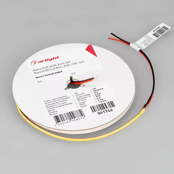 Светодиодная лента Arlight COB-X400-3mm 24V Warm2700 (4.8 W/m, IP20, 5m) 041746(1), Теплый белый Светодиодная лента Arlight COB-X400-3mm 24V Warm2700 (4.8 W/m, IP20, 5m) 041746(1), Теплый белый