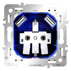 Механизм розетки с заземлением и защитными шторками 16А, с USB A+A Voltum S70 VLS0404M