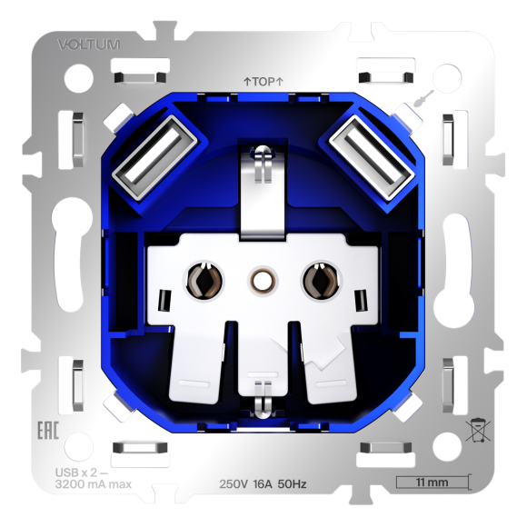 Механизм розетки с заземлением и защитными шторками 16А, с USB A+A Voltum S70 VLS0404M