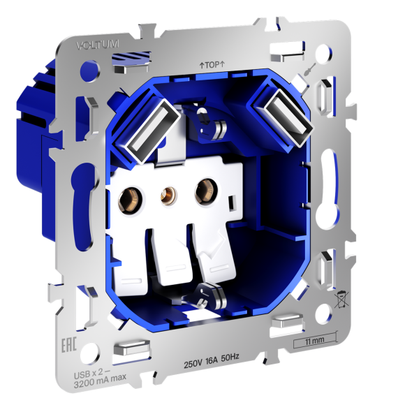 Механизм розетки с заземлением и защитными шторками 16А, с USB A+A Voltum S70 VLS0404M