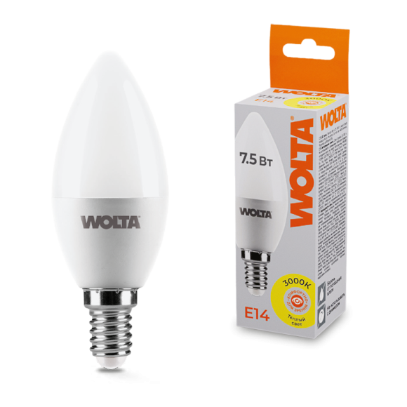 Светодиодная лампа WOLTA 7.5Вт 3000K E14 свеча матовая 25YC7.5E14
