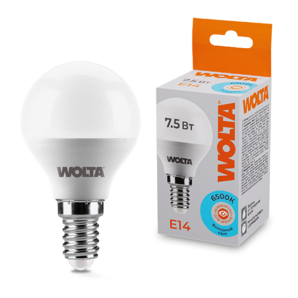 Светодиодная лампа WOLTA 7.5Вт 6500K E14 груша матовая 25W45GL7.5E14