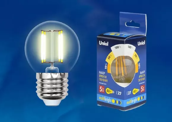 Лампа светодиодная филаментная Uniel E14 5W 3000K прозрачная LED-G45-5W/WW/E14/CL/MB GLM10TR, Теплый белый, Китай