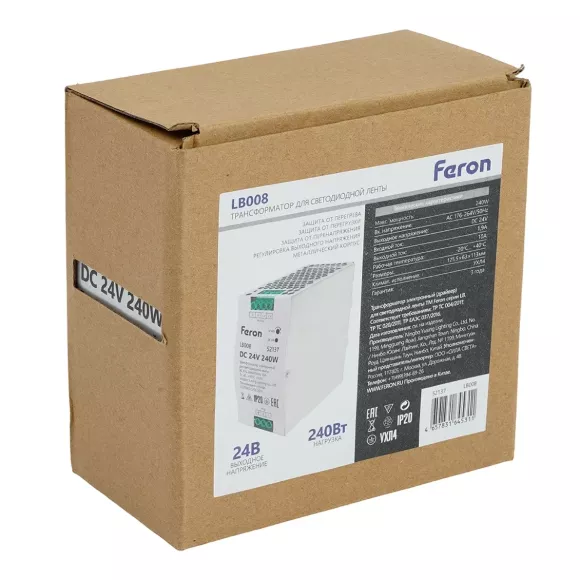 Трансформатор электронный на DIN-рейку Feron LB008 240W 24V IP20 52137 Трансформатор электронный на DIN-рейку Feron LB008 240W 24V IP20 52137