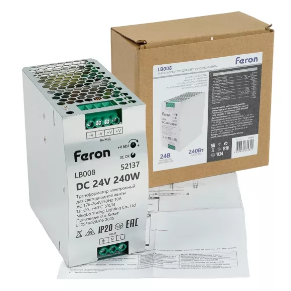 Трансформатор электронный на DIN-рейку Feron LB008 240W 24V IP20 52137 Трансформатор электронный на DIN-рейку Feron LB008 240W 24V IP20 52137