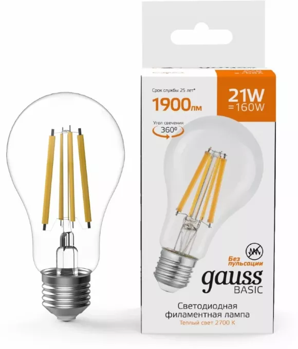 Светодиодная филаментная лампа Gauss Basic Filament Е27 21W 2700К 40712112 Светодиодная филаментная лампа Gauss Basic Filament Е27 21W 2700К 40712112
