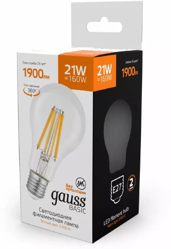 Светодиодная филаментная лампа Gauss Basic Filament Е27 21W 2700К 40712112 Светодиодная филаментная лампа Gauss Basic Filament Е27 21W 2700К 40712112