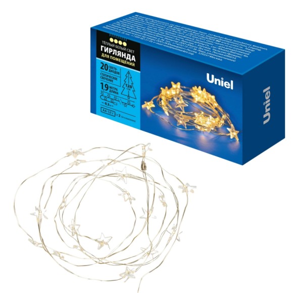 Гирлянда Uniel ULD-S1900-020/STB/2AA WARM WHITE IP20 STARS MINI