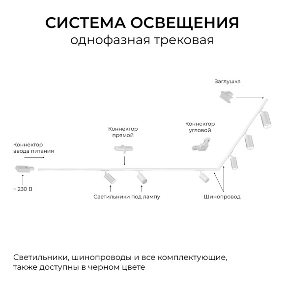 Шинопровод однофазный накладной/подвесной Apeyron в комплекте крепёж, токоввод, заглушка R45-07