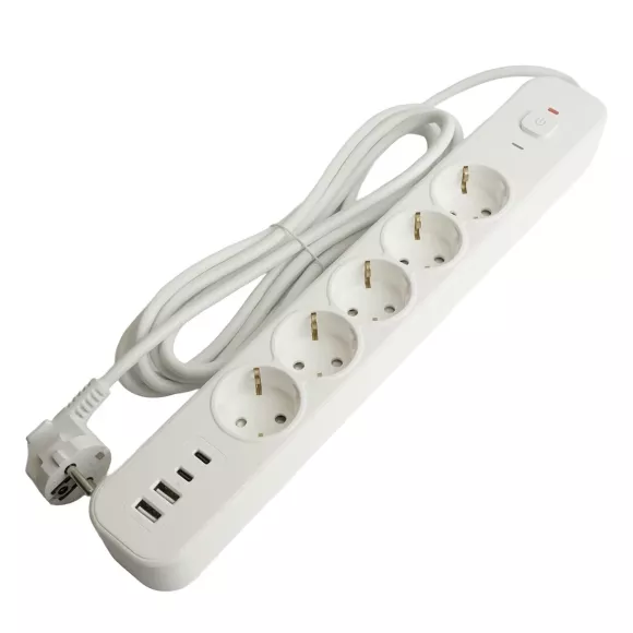 Сетевой фильтр 5-местный с/з и 2 USB-A+2 Type-C 3 Stekker Nova HM21-51-03 50103, общий вид Сетевой фильтр 5-местный с/з и 2 USB-A+2 Type-C 3 Stekker Nova HM21-51-03 50103, общий вид