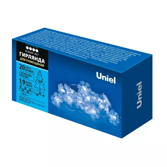 Гирлянда Uniel ULD-S1900-020/STB/2AA WHITE IP20 SNOWFLAKES MINI Гирлянда Uniel ULD-S1900-020/STB/2AA WHITE IP20 SNOWFLAKES MINI