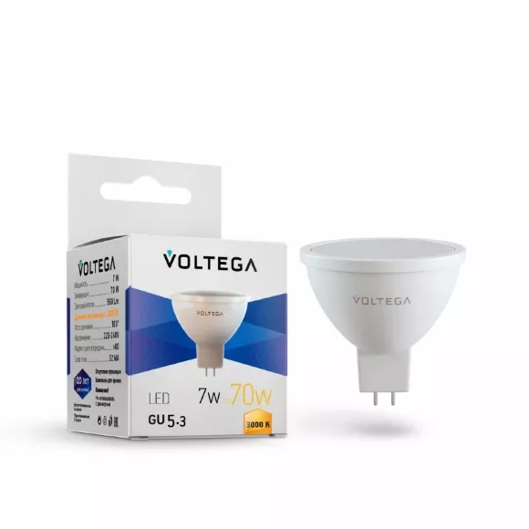 Светодиодная лампа Voltega Simple MR16 7W 3000K GU5.3 7256, Теплый белый, Германия Светодиодная лампа Voltega Simple MR16 7W 3000K GU5.3 7256, Теплый белый, Германия