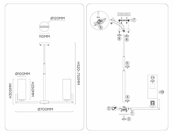 Схема размеров люстра на штанге Ambrella Light High Light Modern LH56064