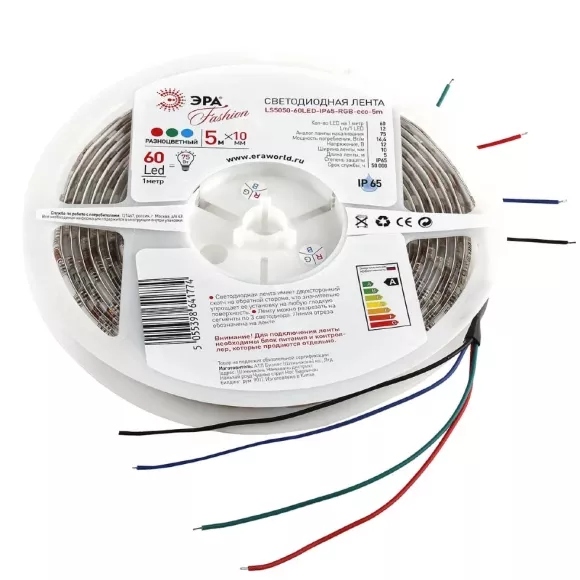 Светодиодная влагозащищенная лента ЭРА 14,4W/m 60LED/m 5050SMD RGB 5M LS5050-14,4-60-12-RGB-IP65-1 Б0002347 Светодиодная влагозащищенная лента ЭРА 14,4W/m 60LED/m 5050SMD RGB 5M LS5050-14,4-60-12-RGB-IP65-1 Б0002347