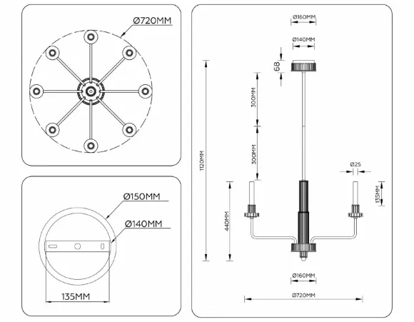 Схема размеров люстра на штанге Ambrella Light High Light Ceramo Modern LH53126 Схема размеров люстра на штанге Ambrella Light High Light Ceramo Modern LH53126