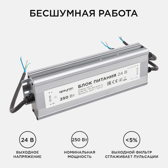 Блок питания Apeyron 24В 250Вт импульсный IP67 175-265В 10,4А 03-115
