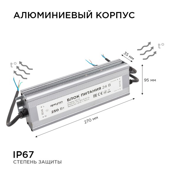 Блок питания Apeyron 24В 250Вт импульсный IP67 175-265В 10,4А 03-115