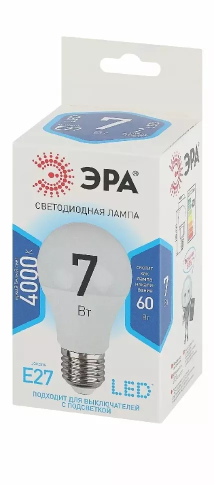 Лампа светодиодная Эра E27 7W 4000K LED A60-7W-840-E27 Б0029820, Нейтральный белый Лампа светодиодная Эра E27 7W 4000K LED A60-7W-840-E27 Б0029820, Нейтральный белый