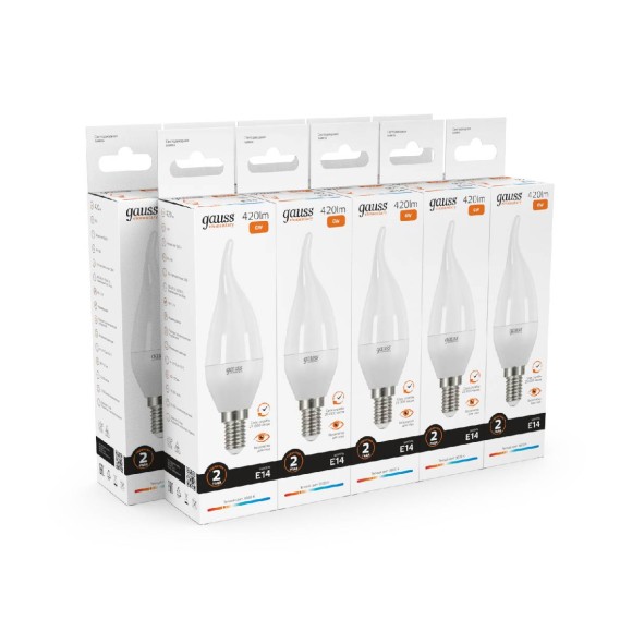 Лампа cветодиодная Gauss E14 6W 3000K свеча на ветру матовая 34116