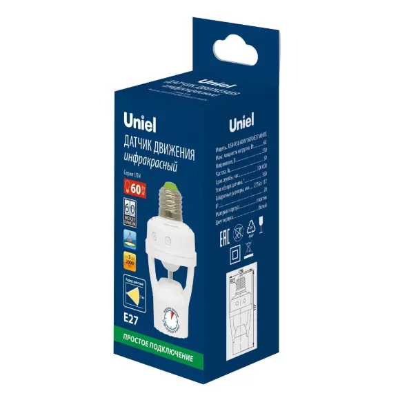 Датчик движения ИК Uniel USN-R50 60W/360R/E27 White UL-00009207, Белый, Пластик, Россия Датчик движения ИК Uniel USN-R50 60W/360R/E27 White UL-00009207, Белый, Пластик, Россия