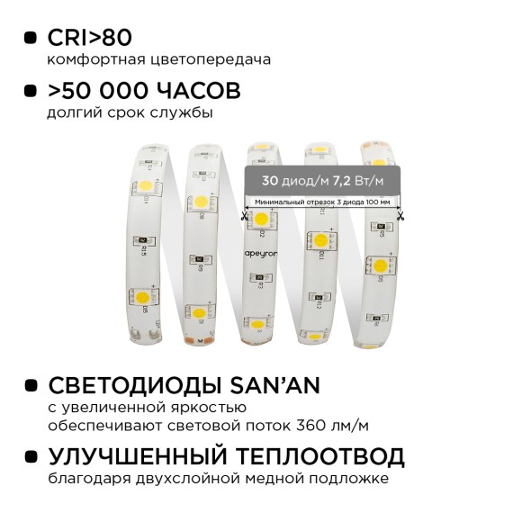 Комплект светодиодной ленты Apeyron 12В 7.2Вт/м smd 5050 30 д/м IP65 5м 3000K (блок, коннектор) 10-02