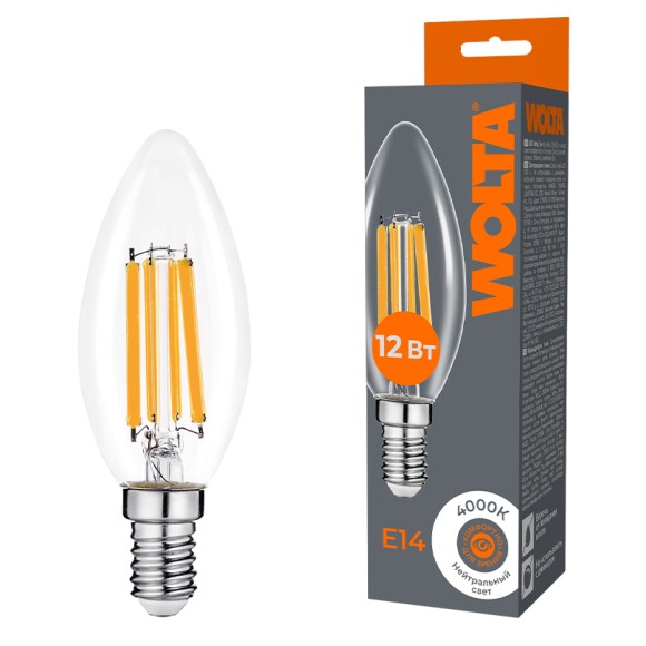 Лампа светодиодная филаментная WOLTA 12Вт 4000K Е14 свеча прозрачная WF-C35-12W4KE14