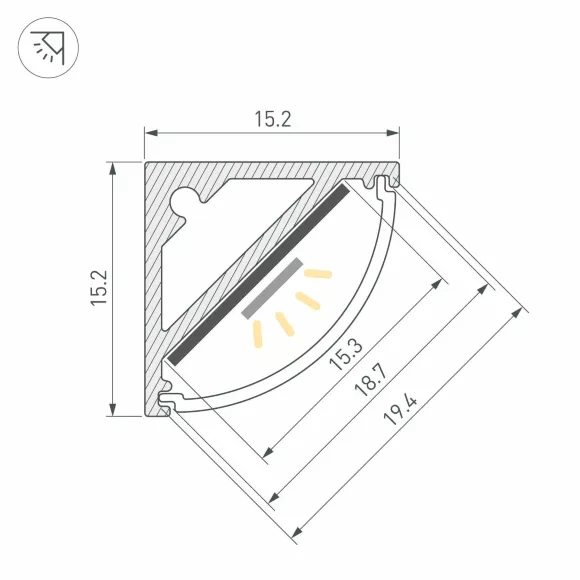 Схема размеров профиль Arlight SL-KANT-H15-2000 ANOD (BY) (Алюминий) 059782 Схема размеров профиль Arlight SL-KANT-H15-2000 ANOD (BY) (Алюминий) 059782