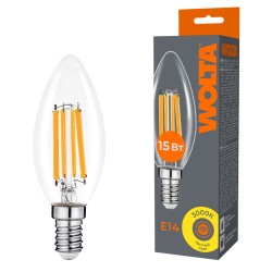 Лампа светодиодная филаментная WOLTA 15Вт 3000K Е14 свеча прозрачная WF-C35-15W3KE14
