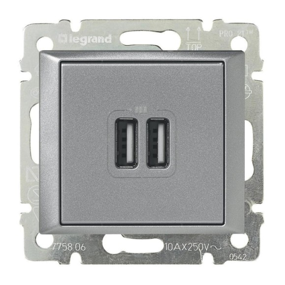 Розетка USB двойная Legrand Valena 240V/5V 2400mA алюминий 770270