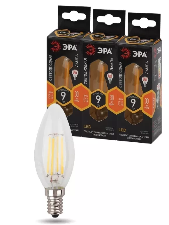 Лампа светодиодная Эра E14 9W 2700K F-LED B35-9w-827-E14 Б0046991, вид сзади